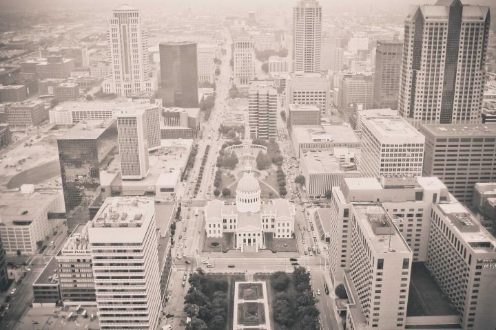 An aerial view of downtown office blocks